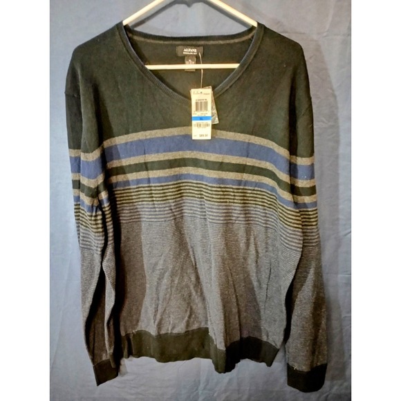 NWT‎ Alfani Men's Sweater XL Black Gray Striped V-Neck Cotton MSRP $69 - Picture 1 of 4